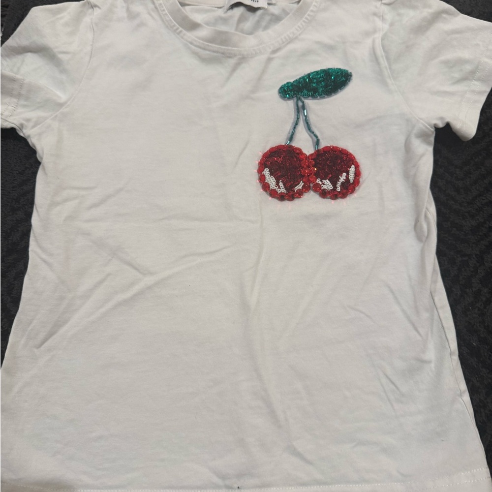 Lola + The Boys White Tee with Sequin Cherry Design